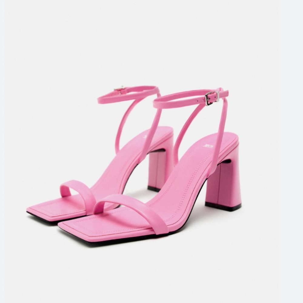 Zara Pink leather strappy heels, block heel, ankle wrap 1307/210 NWT Sz 7.5